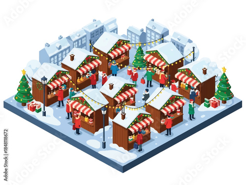 Isometric vector 3D view of a festive Christmas market square with wooden stalls, lights, shoppers, and winter decorations, joyful holiday city atmosphere