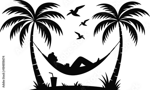 Silhouette of Person Relaxing in Hammock Between Palm Trees with Seagulls and Drink Keywords: silhouette, person, relaxing
