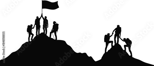 Silhouettes of climbers reaching mountain peak with flag on white background climbing summit