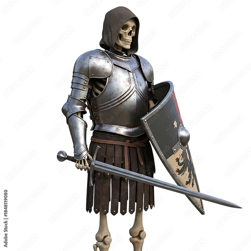 Fototapeta premium Skeleton wearing silver armor and holding sword and shield, cutout, PNG isolated on white or transparent background