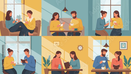 Cozy social gatherings of friends and couples enjoying warm beverages in stylish home settings
