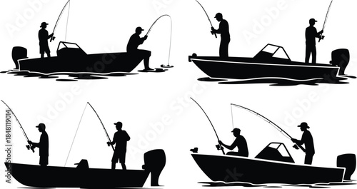 Silhouettes of fishermen in boats with fishing rods on white background fisherman