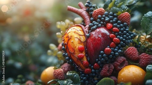 Highly Detailed 3D Model of the Heart and Circulatory System, Surrounded by Healthy Juices, Greens, and Supplements, Emphasizing the Importance of Nutrition for Cardiac Health. --ar 16:9 --stylize 100