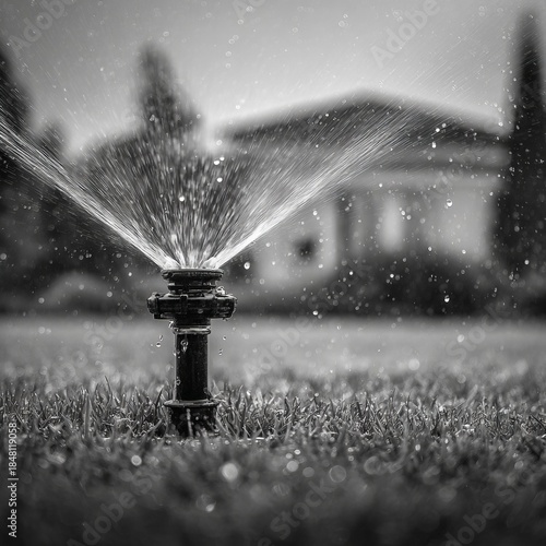 Enchanting droplets dance in the air as the garden sprinkler brings life to the green oasis, creating a serene atmosphere amidst the gentle rain