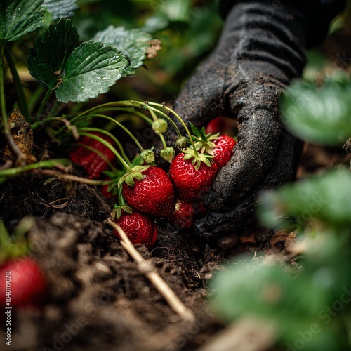 Harvesting ripe strawberries in a lush, sunlit garden during a warm summer afternoon, creating a vibrant scene of nature and agriculture
