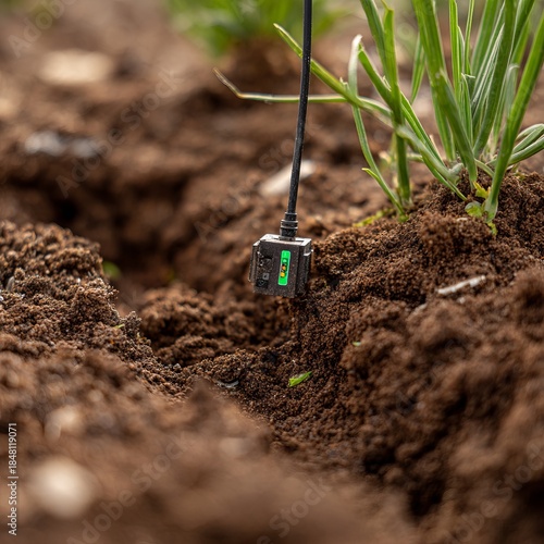 Exploring the intersection of technology and nature in a vibrant garden with sensor devices monitoring soil conditions during daytime