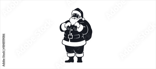 Vector cartoon illustration of friendly smiling  Santa Claus ringing a bell, sack with gifts on back, snow falling in the background, presents lying around on the ground. Christmas design element. 