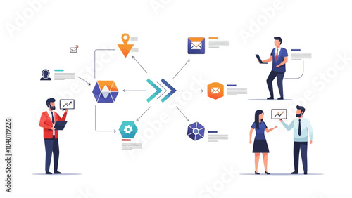 Digital Communication Workflow Illustration Showing Data Processing and Management in a Modern