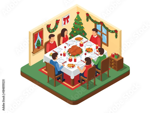 Isometric vector 3D view of a festive Christmas dinner table with traditional food, candles, plates, and family seating, holiday meal celebration scene