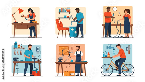 Creative Hobby Workshop Scenes Showcasing Crafting and DIY Activities in a Colorful Indoor