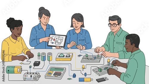 diverse group of engineers collaborating on electronic circuit project in a modern laboratory