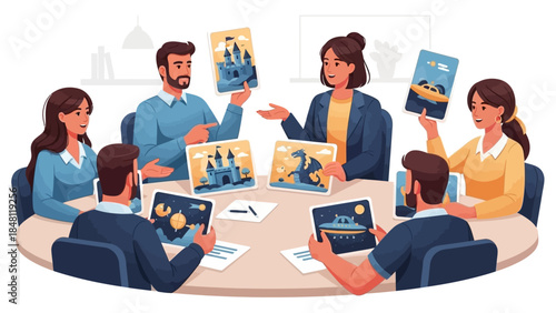 creative team engaging in an inspiring design review session with digital tablets and illustrations