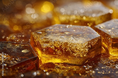 Golden hexagons glimmer with bubbles in a mesmerizing close up of honeycomb structure gleaming under soft, warm light