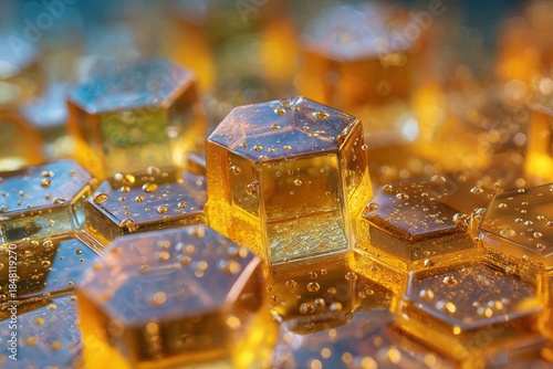 Golden honey crystals glimmering in radiant light create a mesmerizing pattern of hexagonal shapes, showcasing natures artistry in a close up display of sweetness