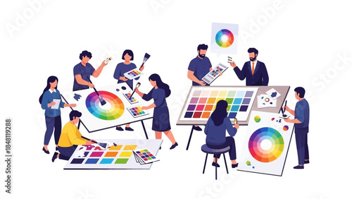 Creative team of digital artists designing colorful visual content in a collaborative workspace