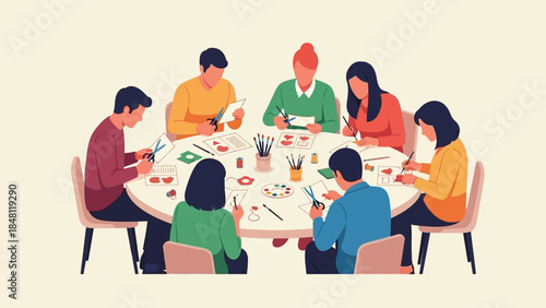 creative team of diverse individuals engaging in digital art and design activities around a