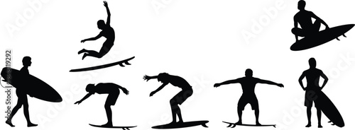 Silhouettes of surfers in various action poses on white background Keywords: surfing, surfer, silhouette, sport, wave, ocean