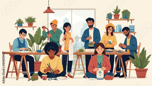 Creative workshop with diverse participants engaging in crafting activities in a well-lit indoor