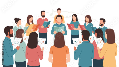 diverse choir of young adults singing and practicing music in a choir group session