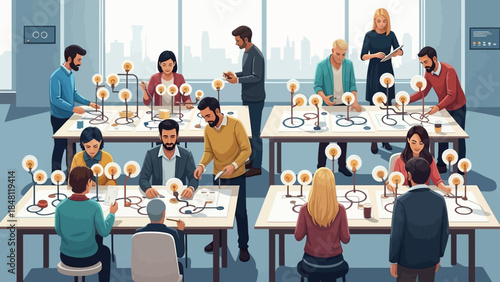 creative workshop with diverse participants designing innovative light fixtures in a modern studio