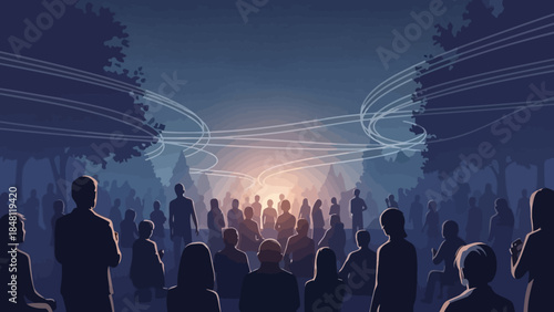crowd gathering at outdoor event with dynamic light streaks and silhouetted people