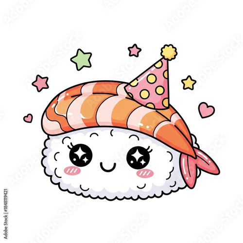 Cute sushi cartoon character celebrating with party hat
