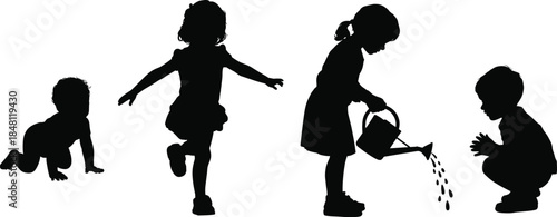 Silhouettes of Young Children Engaged in Play Activities on a White Background Keywords: children, kids, silhouette, play