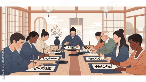 Cultural Calligraphy Workshop Showcasing Diverse Participants Engaged in Traditional Art Practice