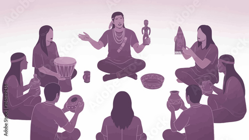 Cultural storytelling session with diverse participants engaging in traditional activities and