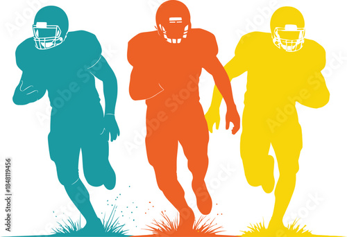 Colorful American Football Silhouettes – Dynamic Running Players in Teal, Orange, and Yellow Splash Motion