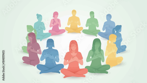 Diverse group of people practicing meditation in a calm and peaceful setting with varied colorful