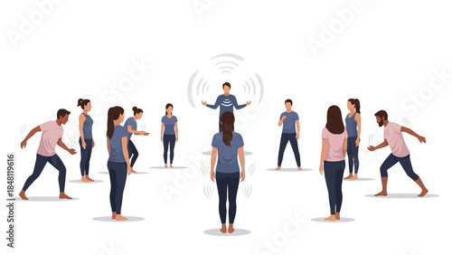 Diverse group of people engaging in a synchronized team-building activity emphasizing coordination