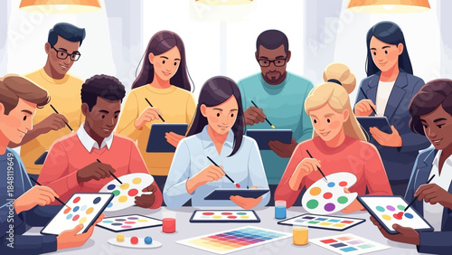 Diverse group of people engaging in digital tablet-based painting and art creation in a modern