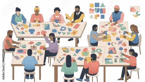 diverse group of people engaging in creative arts and craft activities in a collaborative workshop