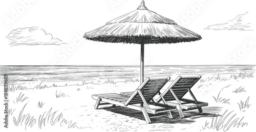 Sketch of two empty deck chairs under a thatched umbrella on a sandy beach vector illustration