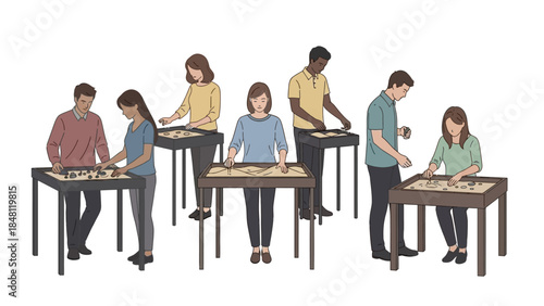 Diverse group of people engaged in tabletop arts and crafts activity in a communal setting
