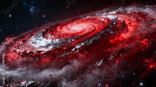 A vivid red spiral galaxy with swirling arms, cosmic dust, and stars in a vast dark space. Represents cosmic formation, stellar energy, and astrophysical phenomena.