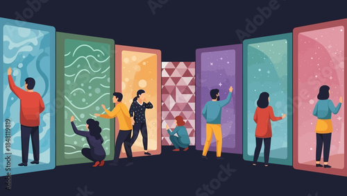 diverse group of people experiencing vibrant interactive digital art exhibits in a modern gallery