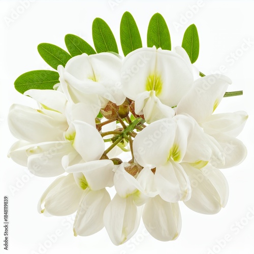 Delicate arrangement of white acacia blossoms with fresh green leaves in clear white background