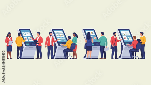 diverse group of people interacting with large touchscreen kiosks in a modern public space