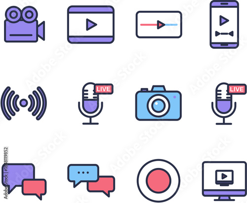 Video Streaming and Live Broadcast Icon Set – Media, Recording, and Communication