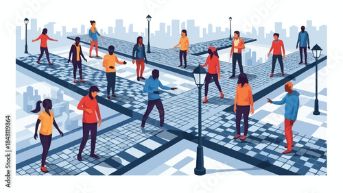 Diverse Group of People Navigating a City Crosswalk with Cityscape Background