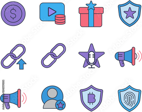 Marketing and Security Icon Set – Promotion, Rewards, Links, and Protection