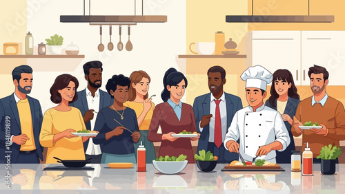 diverse group of people participating in a cooking class with chef instructor in a modern kitchen