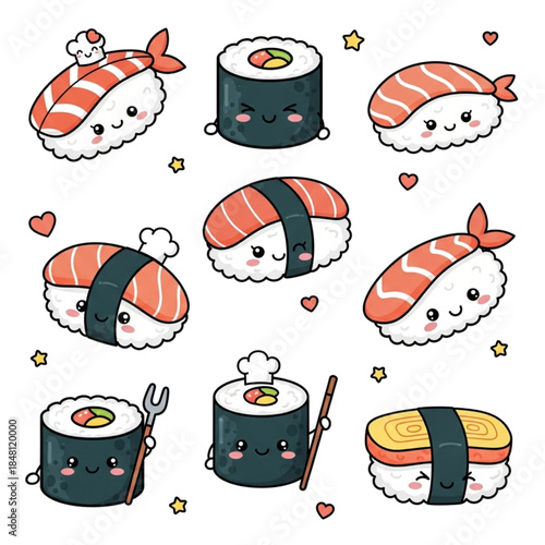 Adorable cartoon sushi characters with cute faces and expressions