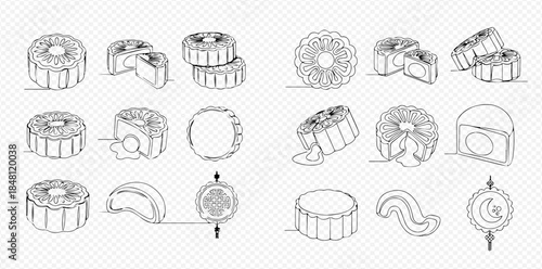 Continuous line drawing of mooncakes, traditional Chinese pastry for Mid-Autumn Festival, various shapes and fillings.