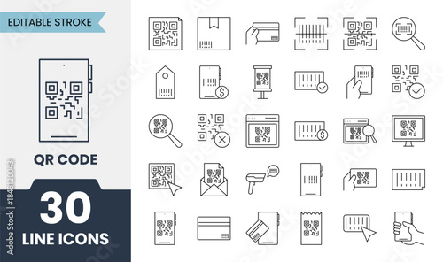 Qr code line icons set with editable stroke. Contains icons related for digital purchase money transfer and more. Vector illustration