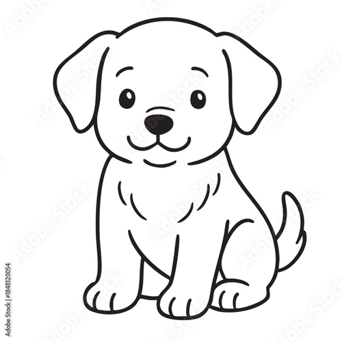 A charming black and white illustration depicts a cute puppy sitting calmly showcasing its endearing expression