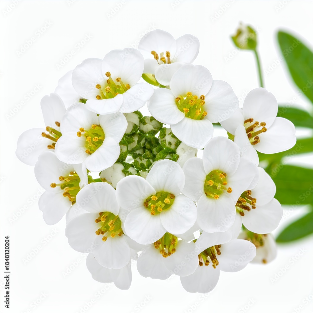 Obraz premium Delicate cluster of immaculate white alyssum flowers on a clean white background