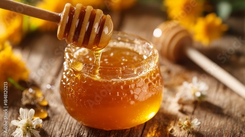 Honey is a natural sweetener produced by bees from the nectar of flowers. It is a thick, golden liquid with a distinct flavor, which can vary depending on the types of flowers the bees gather nectar f